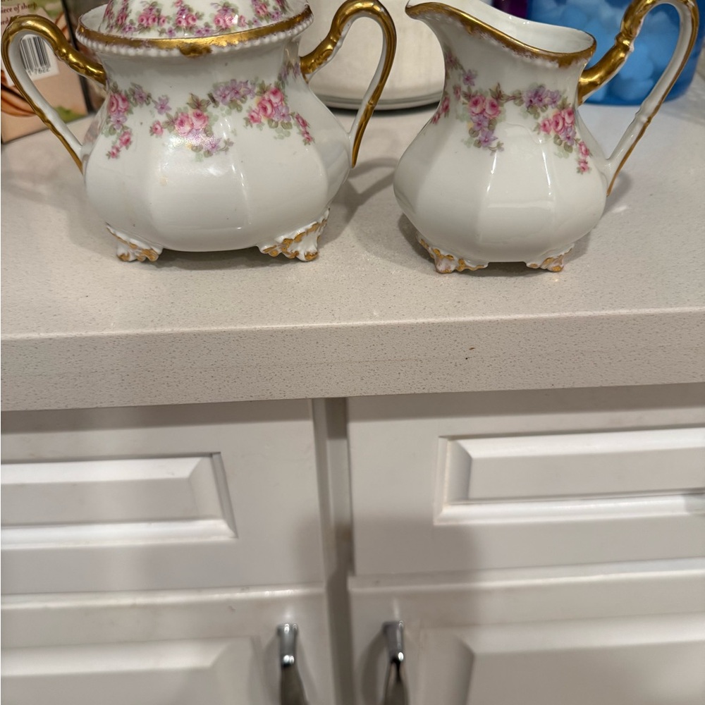 Vintage Floral Porcelain Creamer and Sugar Set with Gold Accents